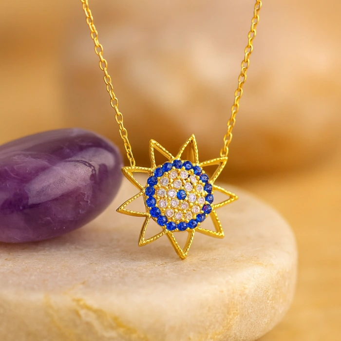 14K Altın Safir Taşlı Güneş Kolye, Minimal Güneş Patlaması Kolye