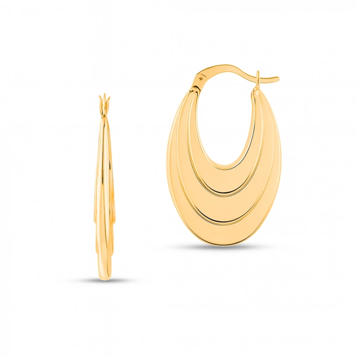 14K Altın Sallantı Oval Küpe, Halka Küpe