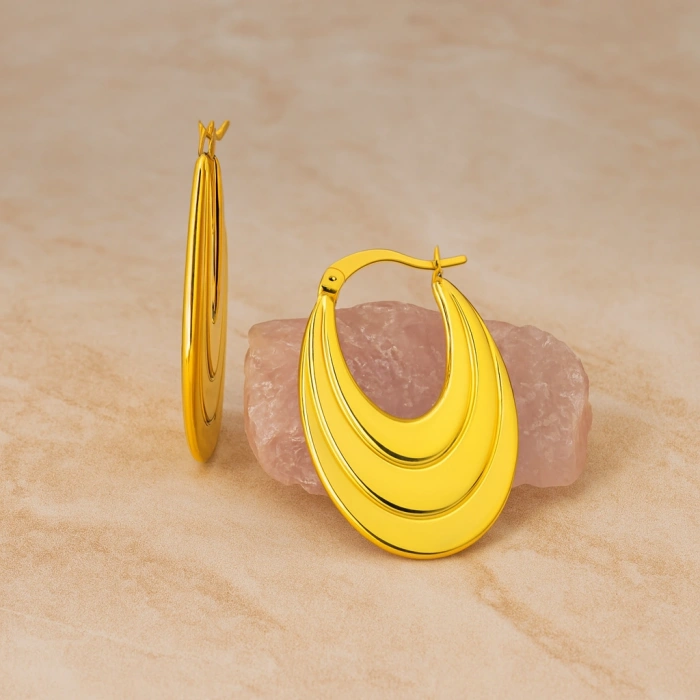 14K Altın Sallantı Oval Küpe, Halka Küpe