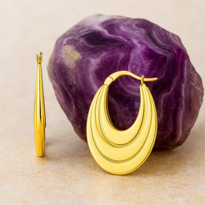 14K Altın Sallantı Oval Küpe, Halka Küpe