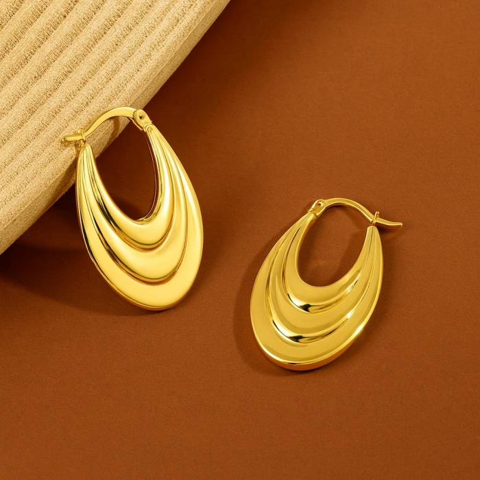 14K Altın Sallantı Oval Küpe, Halka Küpe