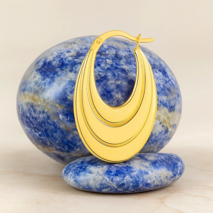 14K Altın Sallantı Oval Küpe, Halka Küpe