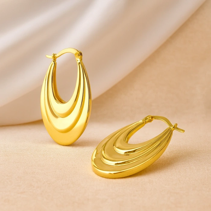 14K Altın Sallantı Oval Küpe, Halka Küpe