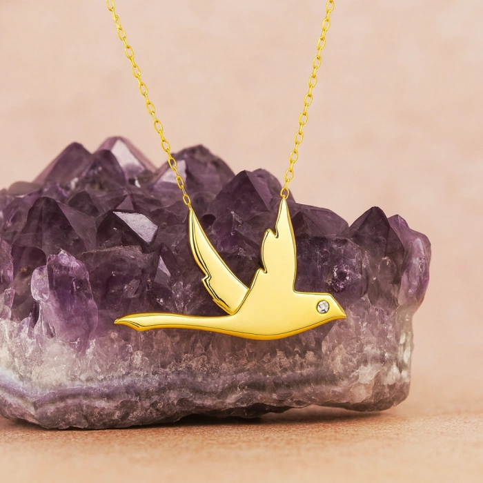 14K Altın Uçan Kuş Kırlangıç Kolye