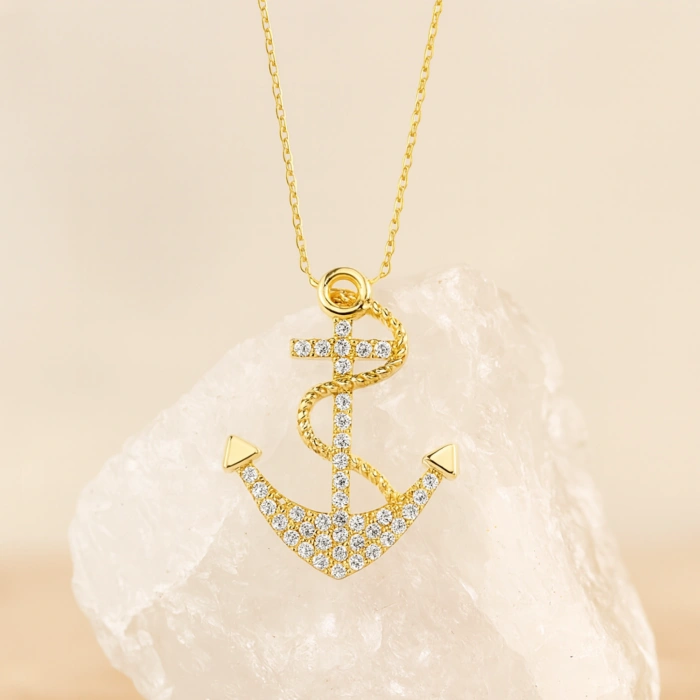 14K Gold Anchor Necklace, Rope Chain Necklaces, Anchor Jewelry, Ocean Beach Necklace