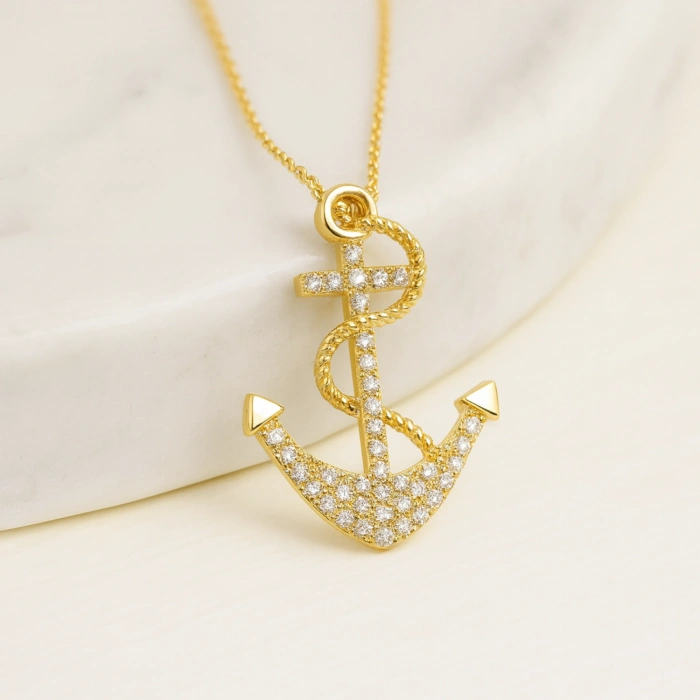 14K Gold Anchor Necklace, Rope Chain Necklaces, Anchor Jewelry, Ocean Beach Necklace