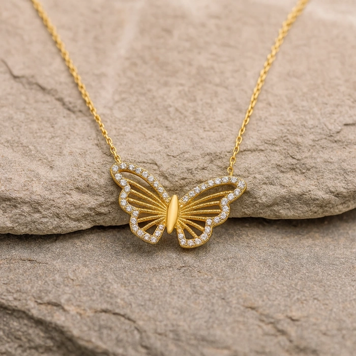 14K Gold Butterfly Necklace, Gold Minimalist Luck Necklace, Elegant Wings Necklace