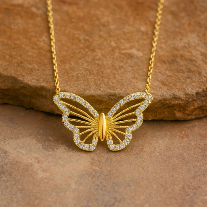 14K Gold Butterfly Necklace, Gold Minimalist Luck Necklace, Elegant Wings Necklace