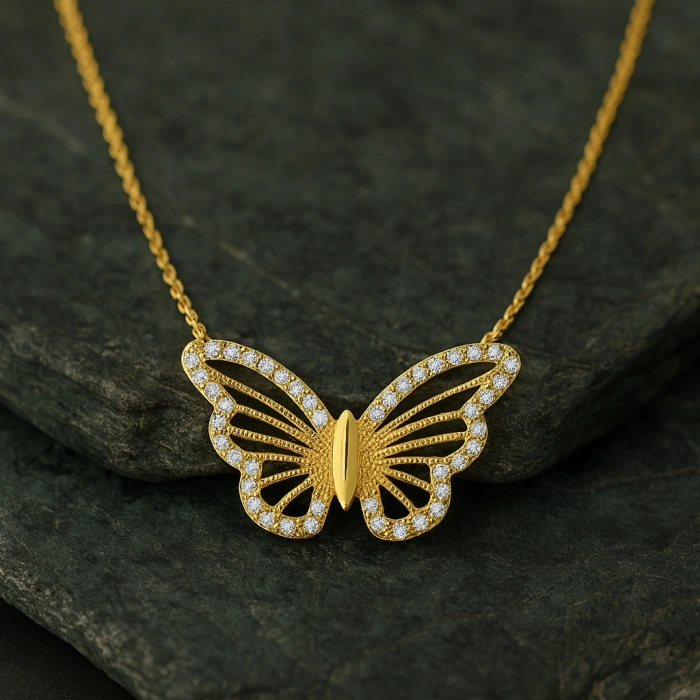 14K Gold Butterfly Necklace, Gold Minimalist Luck Necklace, Elegant Wings Necklace