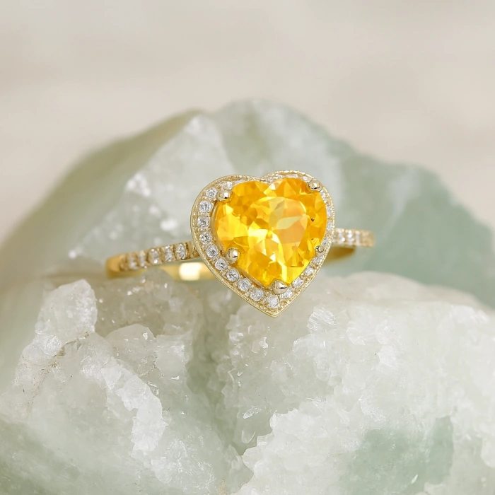 14K Gold Citrine Heart Ring, Heart-Cut Solitaire Ring, Wedding Engagement Jewelry