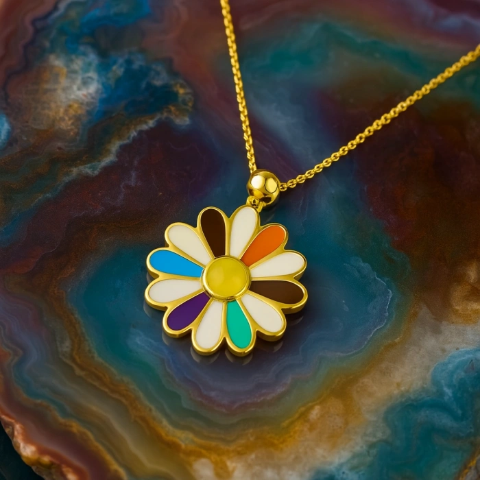 14K Gold Colored Daisy Necklace, Rainbow Flower Necklace, Spring Necklace