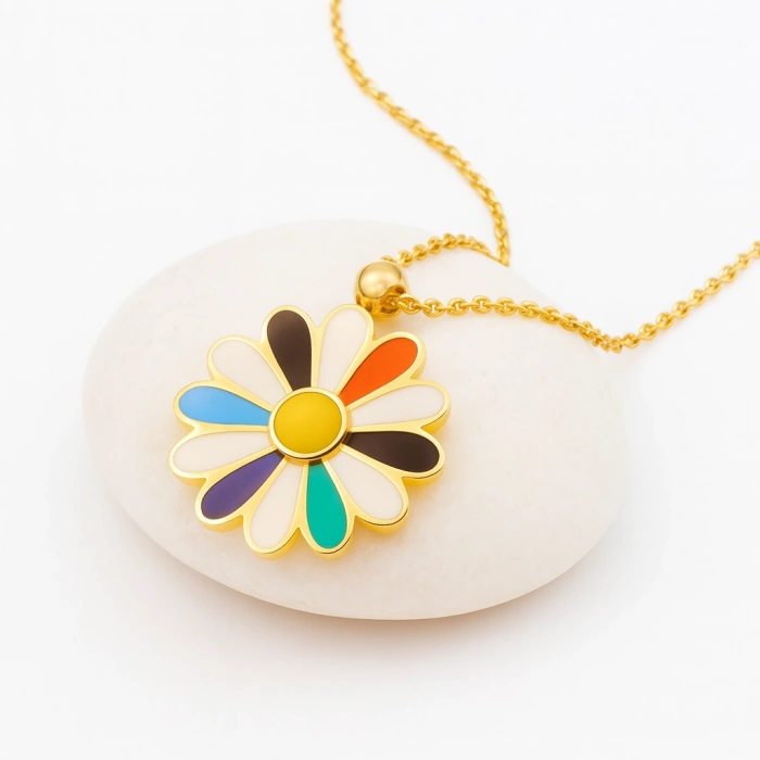 14K Gold Colored Daisy Necklace, Rainbow Flower Necklace, Spring Necklace