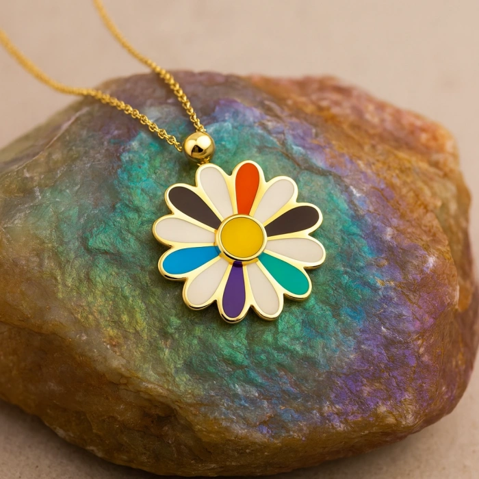 14K Gold Colored Daisy Necklace, Rainbow Flower Necklace, Spring Necklace