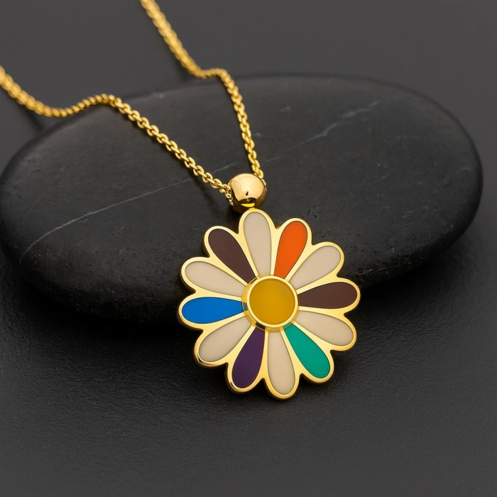 14K Gold Colored Daisy Necklace, Rainbow Flower Necklace, Spring Necklace