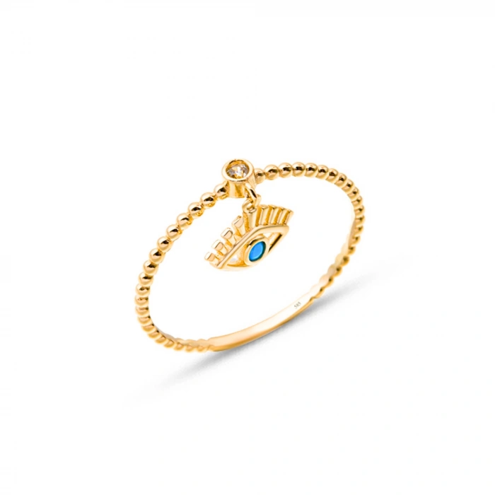 14K Gold Dangling Eye Ring, Turquoise Spiral Thin Ring, Minimal Colorful Stone Rings
