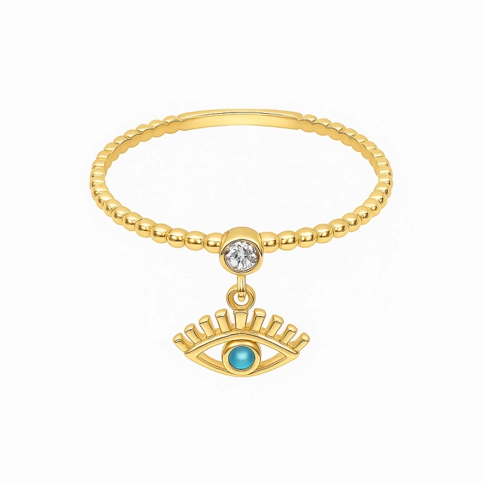 14K Gold Dangling Eye Ring, Turquoise Spiral Thin Ring, Minimal Colorful Stone Rings