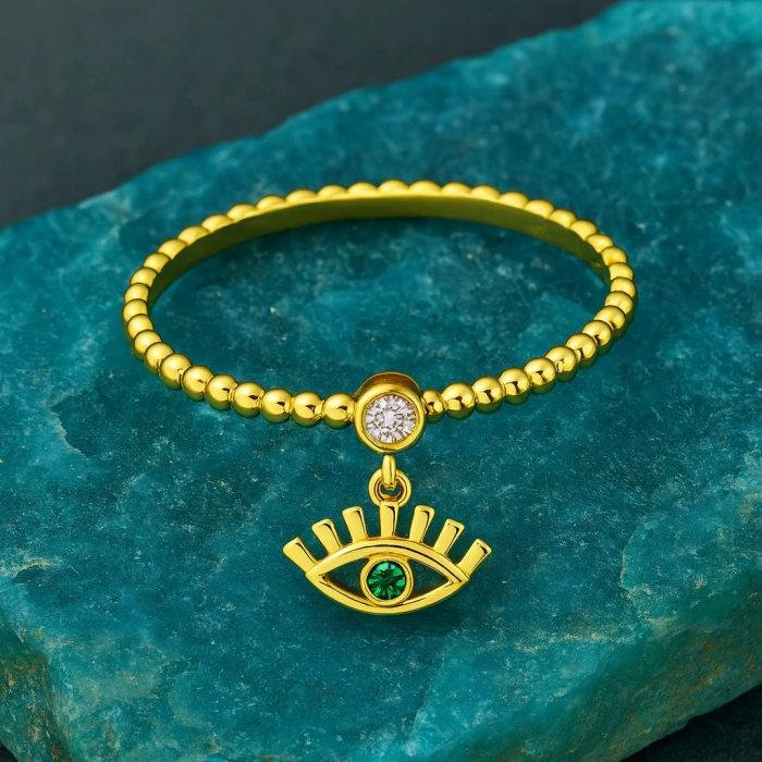 14K Gold Dangling Eye Ring, Turquoise Spiral Thin Ring, Minimal Colorful Stone Rings