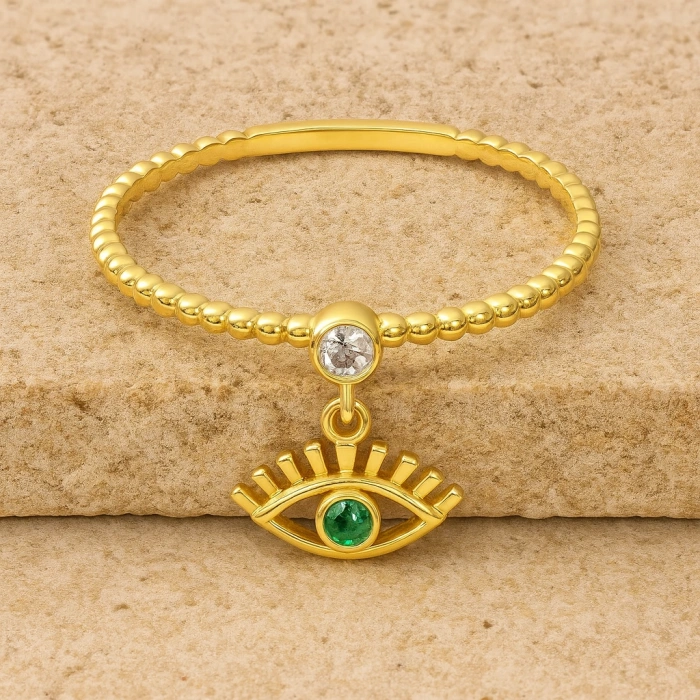 14K Gold Dangling Eye Ring, Turquoise Spiral Thin Ring, Minimal Colorful Stone Rings