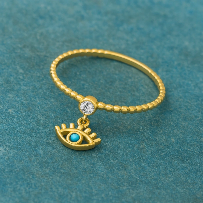 14K Gold Dangling Turquoise Eye Ring