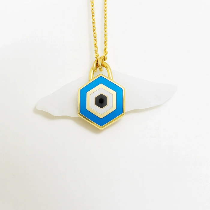 14K Gold Evil Eye Lock Necklace, Elegant Blue Eye Necklace