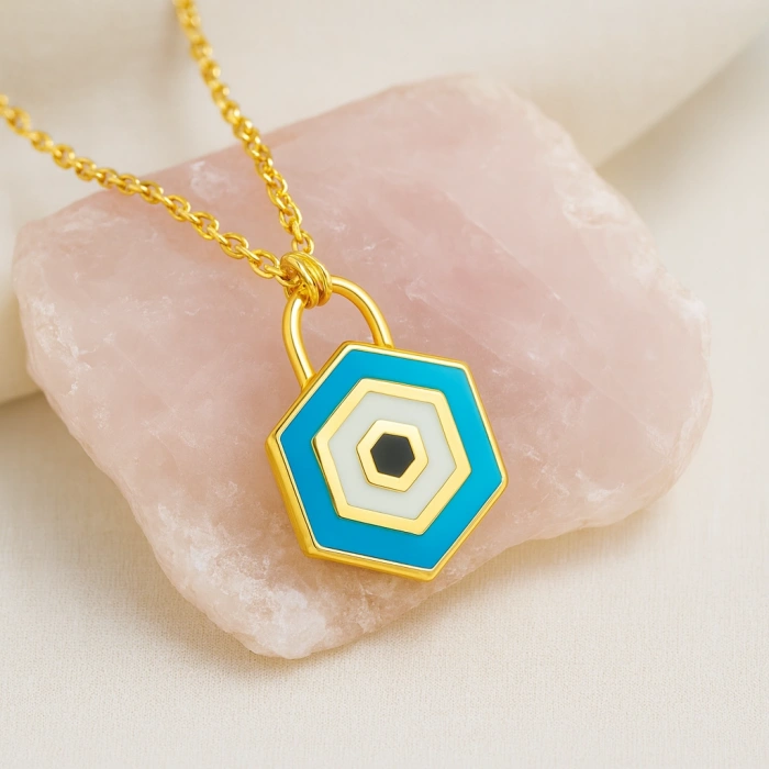14K Gold Evil Eye Lock Necklace, Elegant Blue Eye Necklace