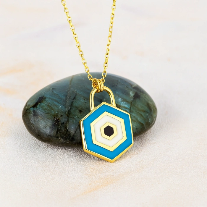 14K Gold Evil Eye Lock Necklace, Elegant Blue Eye Necklace