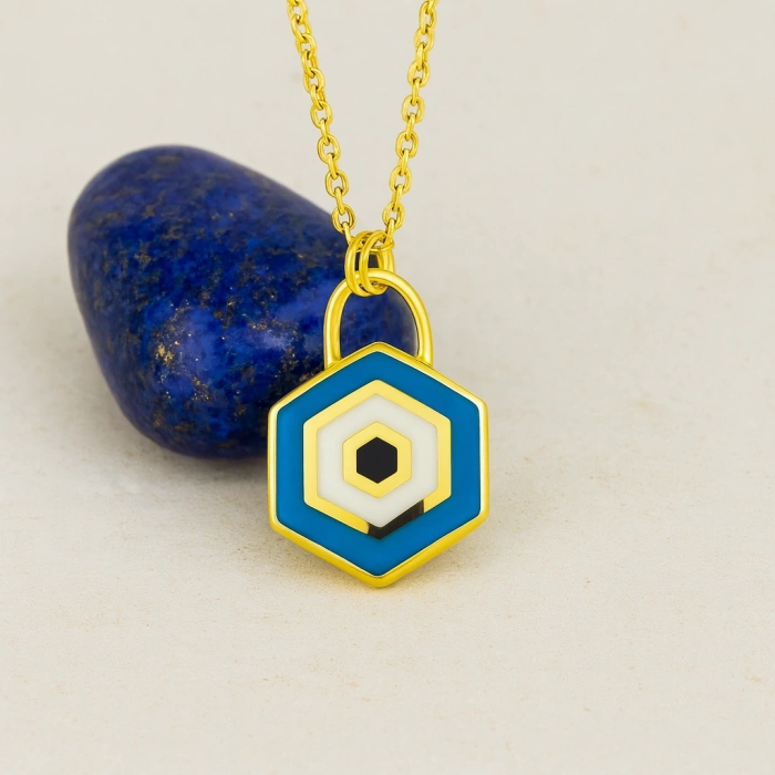 14K Gold Evil Eye Lock Necklace, Elegant Blue Eye Necklace