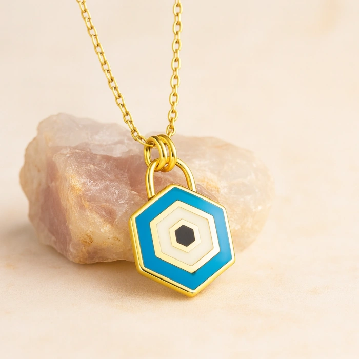 14K Gold Evil Eye Lock Necklace, Elegant Blue Eye Necklace