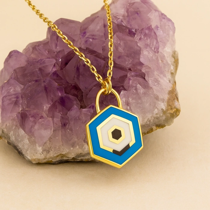 14K Gold Evil Eye Lock Necklace, Elegant Blue Eye Necklace