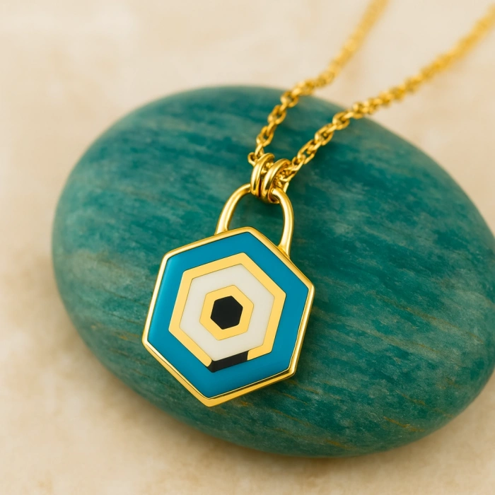 14K Gold Evil Eye Lock Necklace, Elegant Blue Eye Necklace