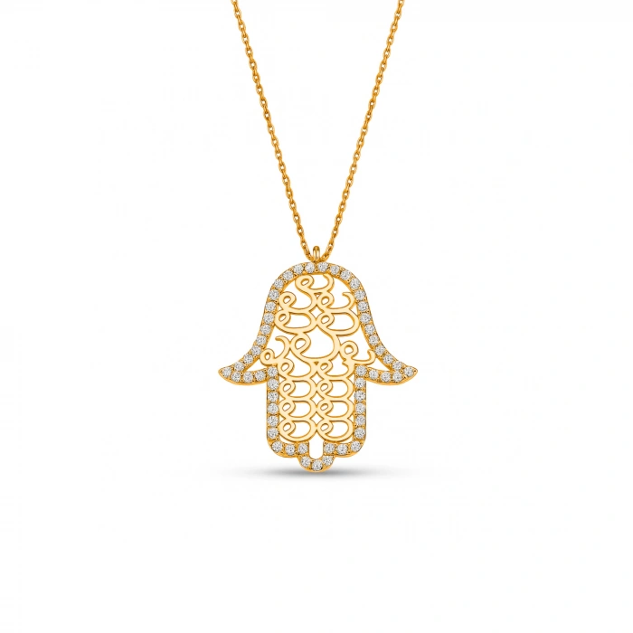14K Gold Fatima Hand Necklace, Vav Pattern Hamsa Necklace, Islamic Gold Jewelry