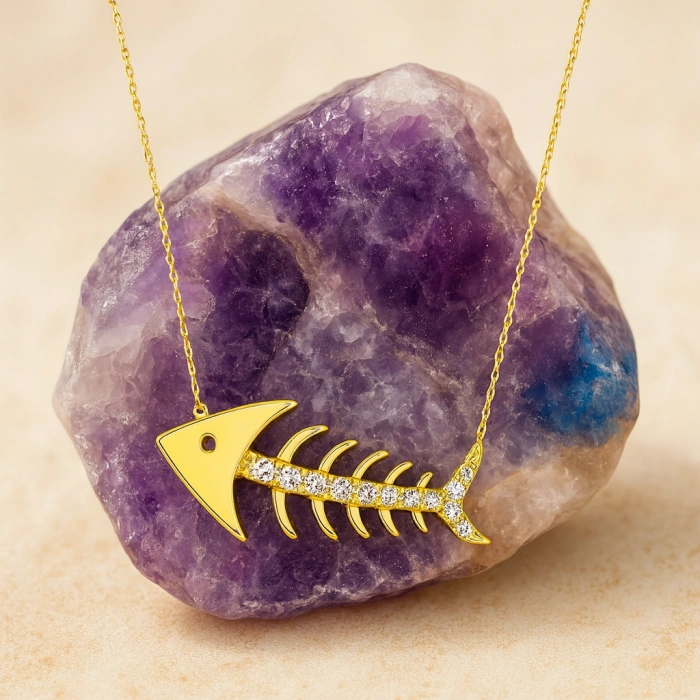 14K Gold Fish Necklace, Elegant Gold Necklace, Minimalist Fishbone Necklace