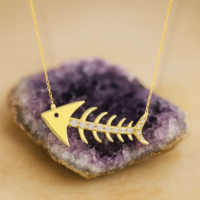 14K Gold Fish Necklace, Elegant Gold Necklace, Minimalist Fishbone Necklace