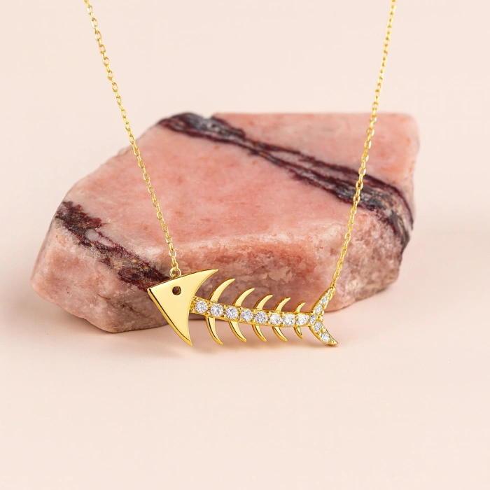 14K Gold Fish Necklace, Elegant Gold Necklace, Minimalist Fishbone Necklace