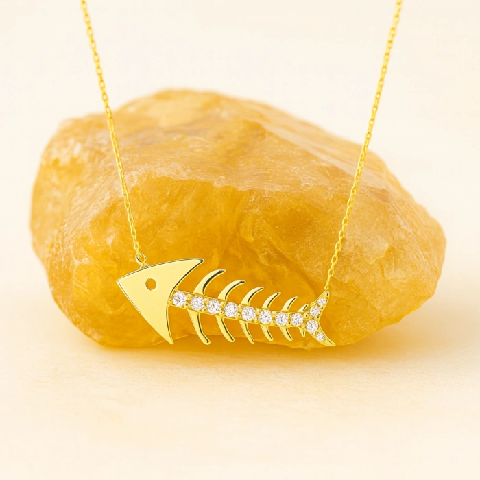 14K Gold Fish Necklace, Elegant Gold Necklace, Minimalist Fishbone Necklace