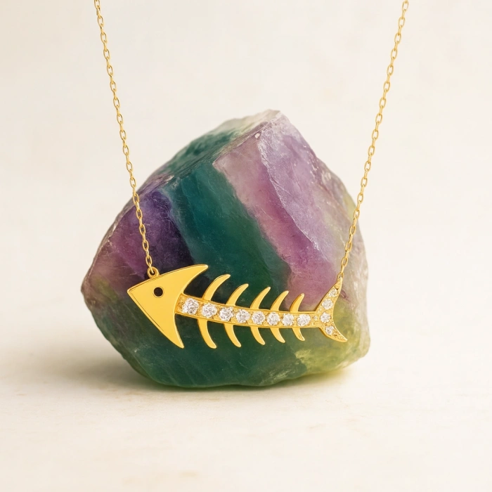 14K Gold Fish Necklace, Elegant Gold Necklace, Minimalist Fishbone Necklace