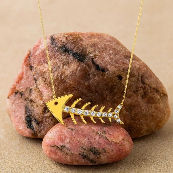 14K Gold Fish Necklace, Elegant Gold Necklace, Minimalist Fishbone Necklace