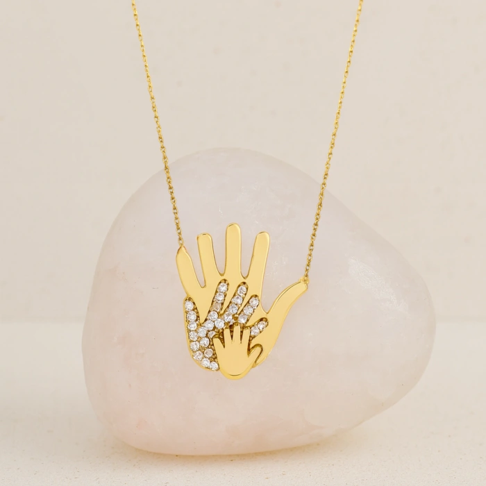 14K Gold Hand Necklace, Newborn Jewelry, Handprint Necklace, Baby Necklace for Mom