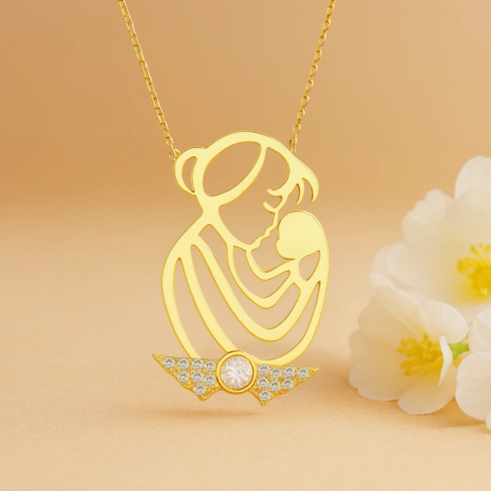 14K Gold Mother Holding Baby Necklace, New Mom Gift
