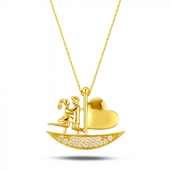 14K Gold Sailing Heart Necklace, Elegant Heart Necklace, Love Ship Necklace for Couples