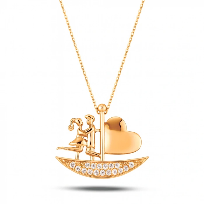 14K Gold Sailing Heart Necklace, Elegant Heart Necklace, Love Ship Necklace for Couples