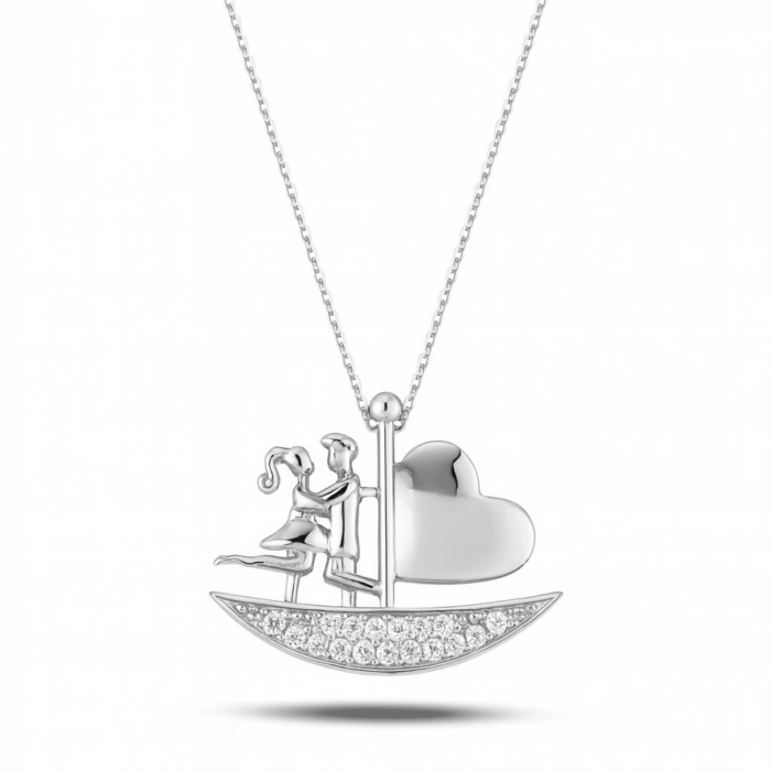 14K Gold Sailing Heart Necklace, Elegant Heart Necklace, Love Ship Necklace for Couples