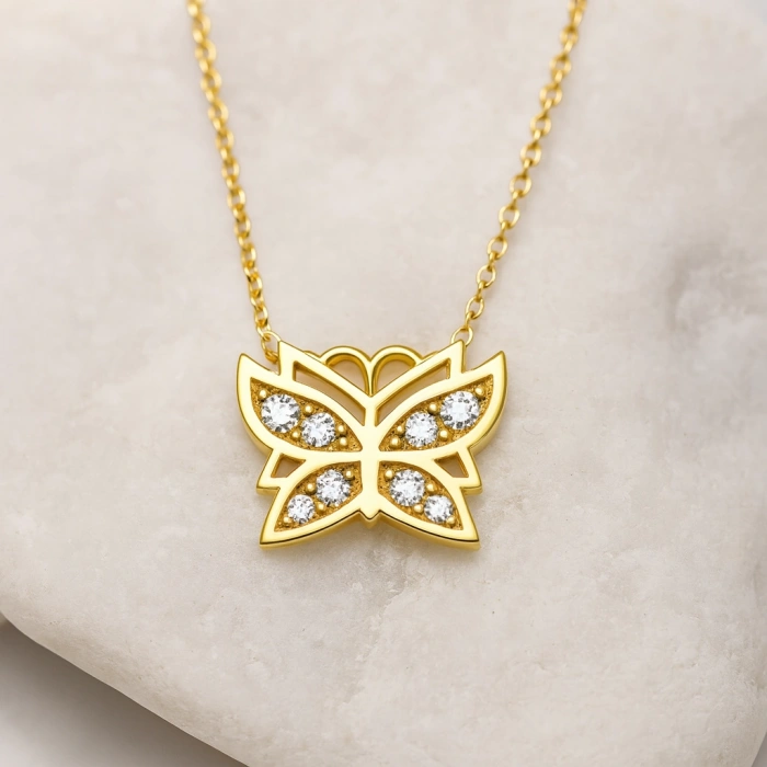 14K Gold Tiny Butterfly Necklace, Small Butterfly Luck Necklace