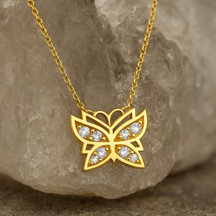 14K Gold Tiny Butterfly Necklace, Small Butterfly Luck Necklace