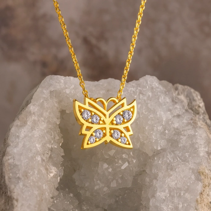 14K Gold Tiny Butterfly Necklace, Small Butterfly Luck Necklace