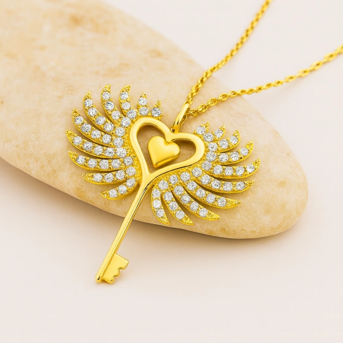 14K Gold Winged Heart Key Necklace, Angel Wing Jewelry