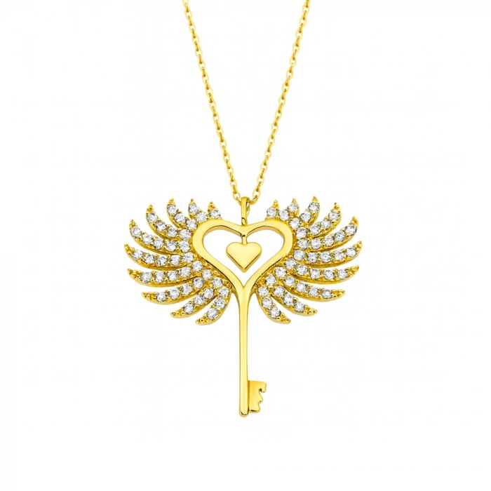 14K Gold Winged Heart Key Necklace, Angel Wing Jewelry