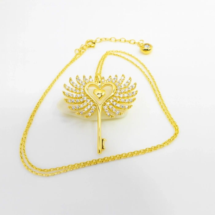 14K Gold Winged Heart Key Necklace, Angel Wing Jewelry