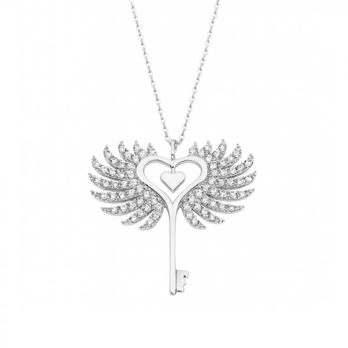 14K Gold Winged Heart Key Necklace, Angel Wing Jewelry