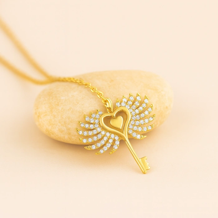14K Gold Winged Heart Key Necklace, Angel Wing Jewelry